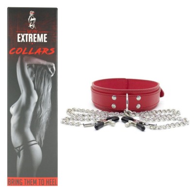 Faux Leather Collar with Nipple Clamps – Red