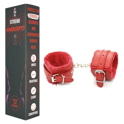 Fur Lined Leather Handcuffs - Red