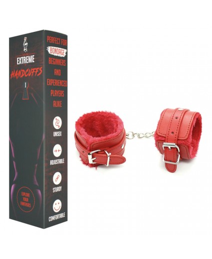 FUR LINED WRIST FAUX LEATHER HANDCUFFS – RED