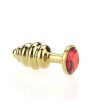 GROOVED ROSEBUD GOLD BUTTPLUG RED CRYSTAL - SMALL