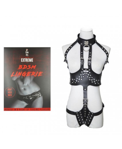 Black Leather Teddy Body Harness with O-ring
