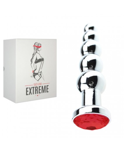 5 Ball Silver Buttplug with Red Crystal