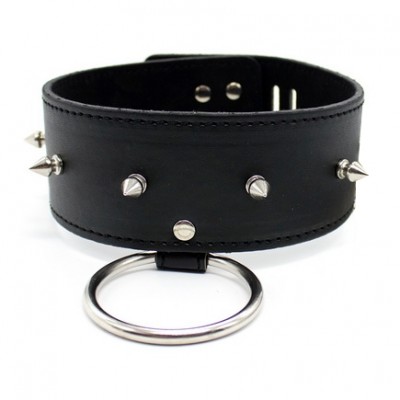 Leather Collar Black, with ring, rivets decoration, padlock & key